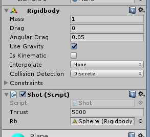 Flying Ball/SphereのInspectorのShotScriptとRigidbody